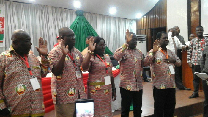  The newly elected executive being sworn in immediately after their election at the 10th Quadrennial Delegates Congress at the Kwame Nkrumah University of Science and Technology in Kumasi.  They are (from right to left): the Chairperson, Reverend Richard K. Yeboah; 1st Vice- Chairperson, Alex Nyarko-Opoku; 2nd Vice–Chairperson, Philomena Aba Samson; Secretary-General, Dr Yaw Baah, and Deputy Secretary-General, Joshua Ansah